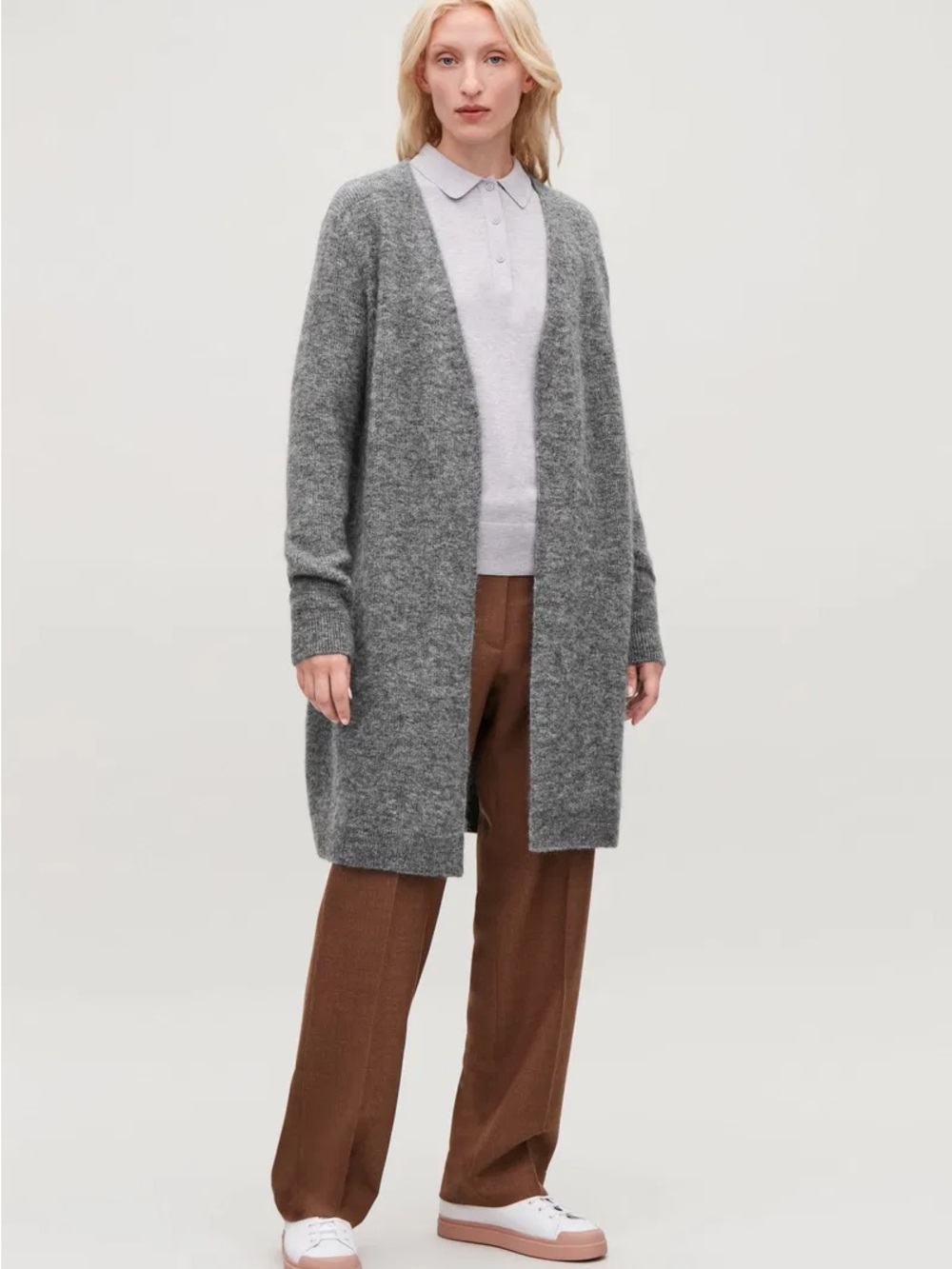 COS Grey Open-Front Long Knit Cardigan